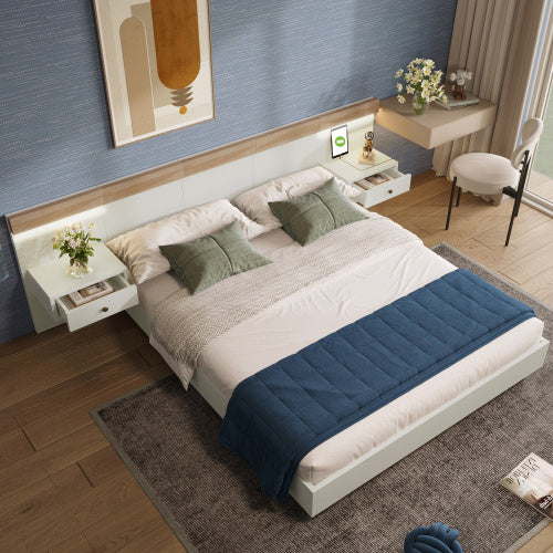 Floating Bed With Headboard In Timber Slatted Frame Size 140X200