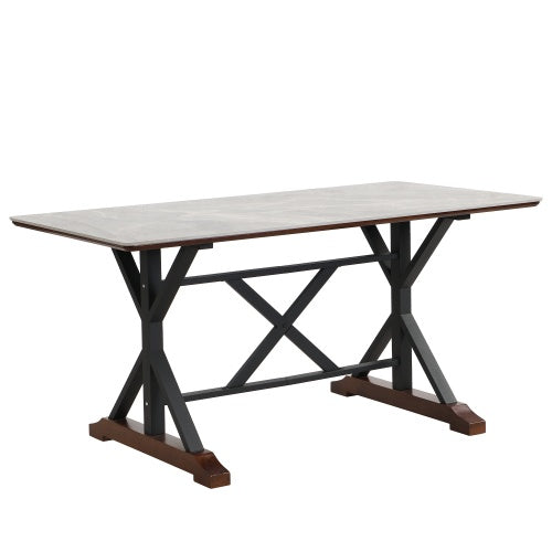 Sintered Stone Dining Table, 63 Modern Gray Rectangular Kitchen Dinner Table, Faux Marble Dining Room Table With X-shaped Metal Legs And Solid Wood Base, Scratch And Heat Resistant, Table Only