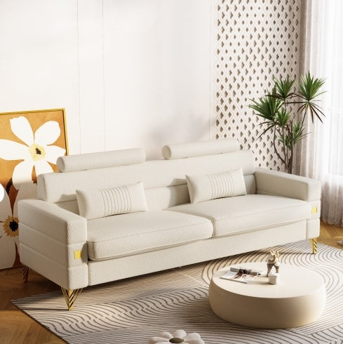 FX-P15-WBsofa Elegant White Imitation Wool Circle Fabric Sofa With Adjustable Headrests - Contemporary 3-Seat Couch With Gold Legs, Perfect For Living Room And Office DecorTEMU Suitable