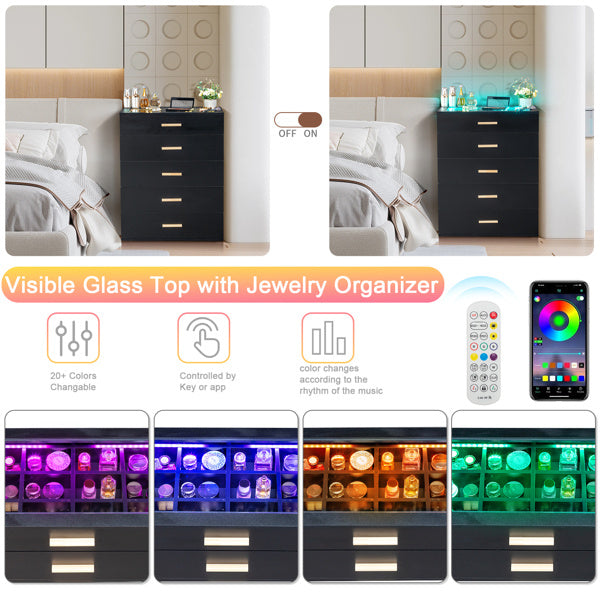 5-drawer Cabinet With Light Tempered Glass Cabinet And Bedside Table