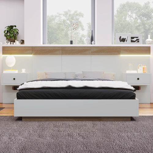 Floating Bed With Headboard In Timber Slatted Frame  Size 140X200