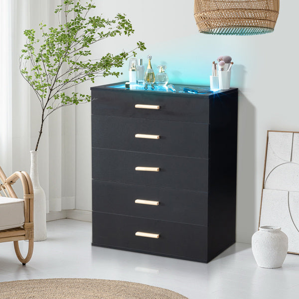 5-drawer Cabinet With Light Tempered Glass Cabinet And Bedside Table