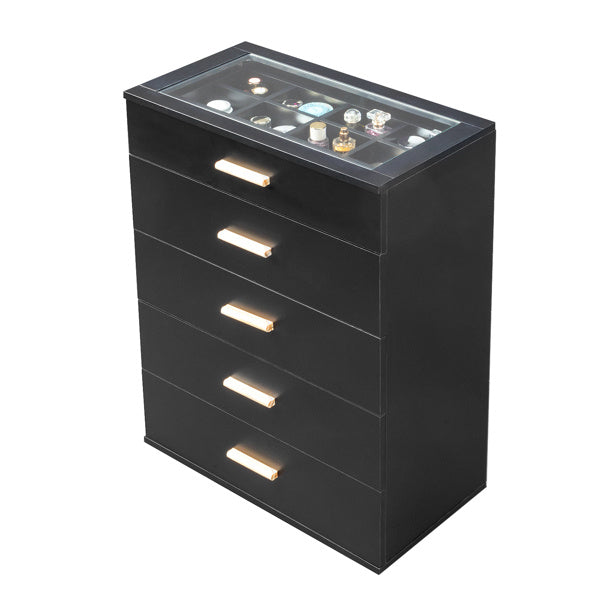 5-drawer Cabinet With Light Tempered Glass Cabinet And Bedside Table