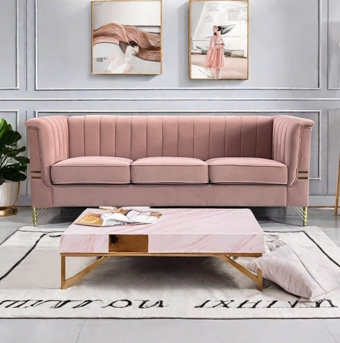 FX-P82-PKSOFAModern Designs Velvet Upholstered Living Room Sofa, 3 Seat Sofa Couch With Golden Metal Legs For Home, Apartment Or Office Pink SOFA