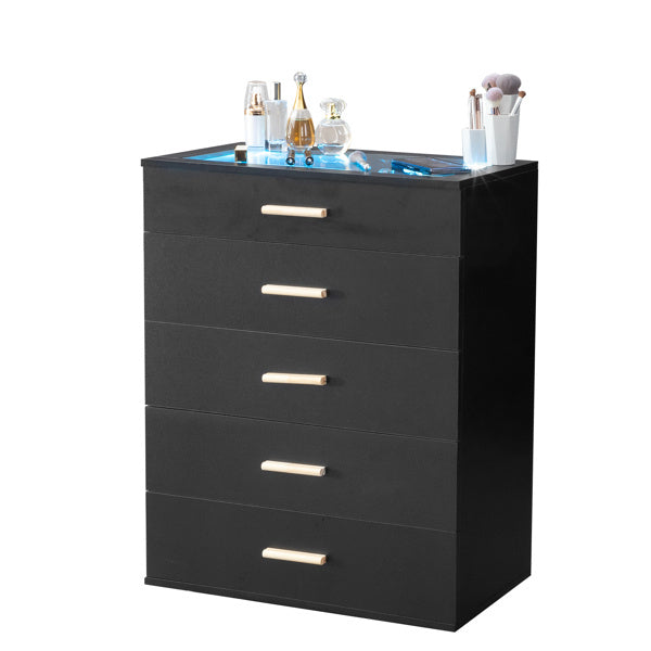 5-drawer Cabinet With Light Tempered Glass Cabinet And Bedside Table