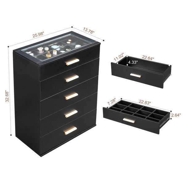 5-drawer Cabinet With Light Tempered Glass Cabinet And Bedside Table