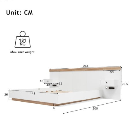 Floating Bed With Headboard In Timber Slatted Frame  Size 140X200