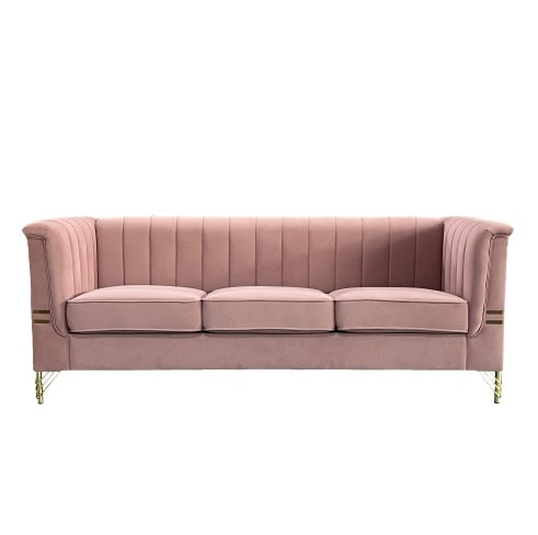 FX-P82-PKSOFAModern Designs Velvet Upholstered Living Room Sofa, 3 Seat Sofa Couch With Golden Metal Legs For Home, Apartment Or Office Pink SOFA