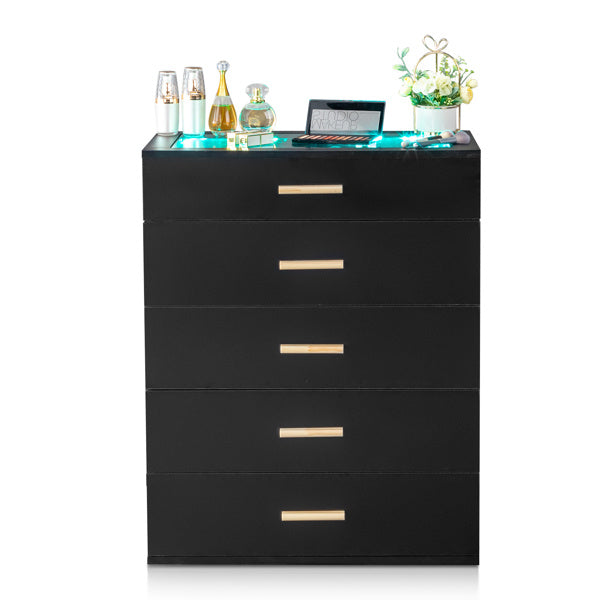 5-drawer Cabinet With Light Tempered Glass Cabinet And Bedside Table