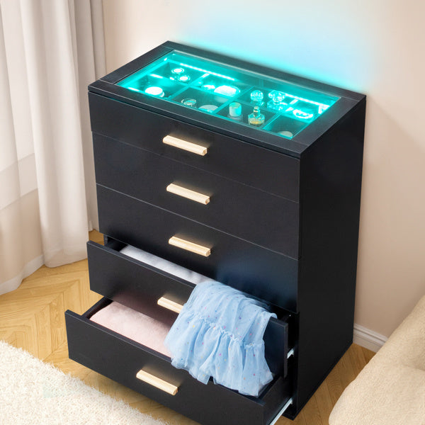 5-drawer Cabinet With Light Tempered Glass Cabinet And Bedside Table