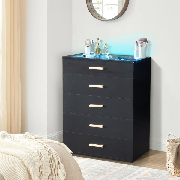 5-drawer Cabinet With Light Tempered Glass Cabinet And Bedside Table