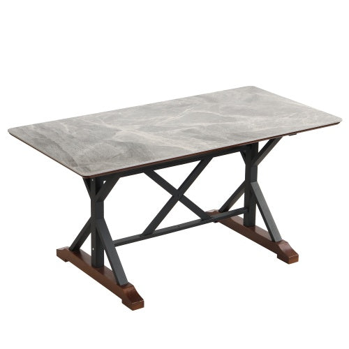 Sintered Stone Dining Table, 63 Modern Gray Rectangular Kitchen Dinner Table, Faux Marble Dining Room Table With X-shaped Metal Legs And Solid Wood Base, Scratch And Heat Resistant, Table Only