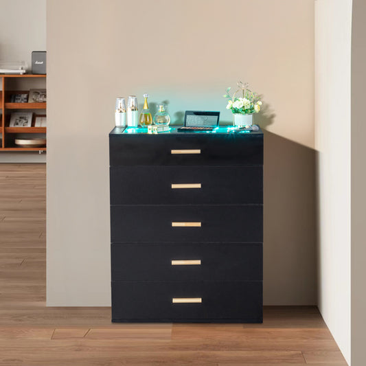 5-drawer Cabinet With Light Tempered Glass Cabinet And Bedside Table